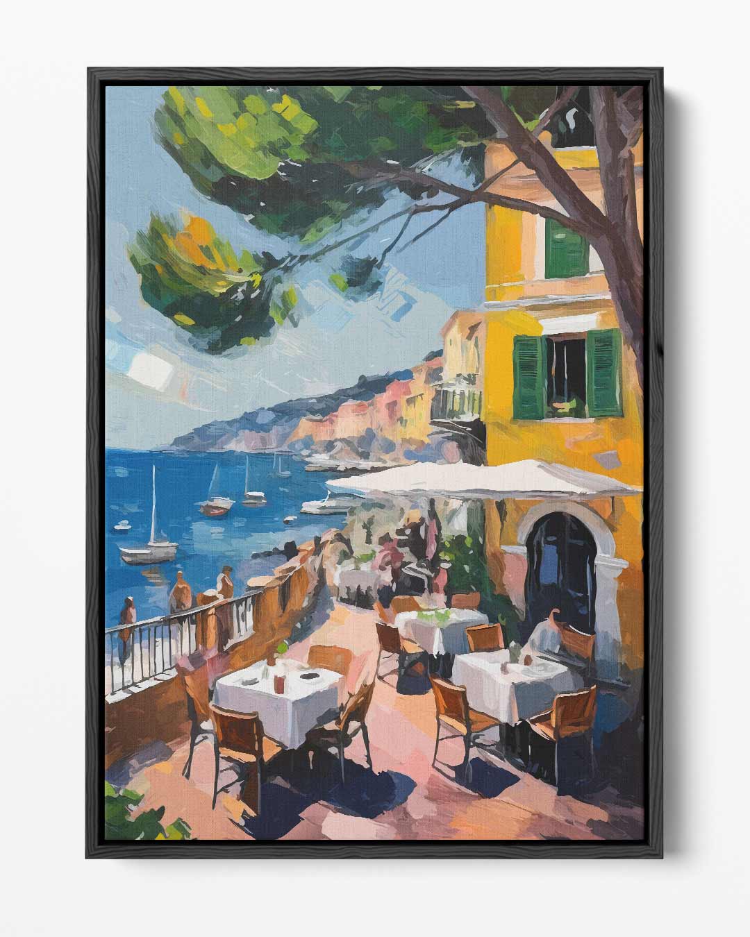 Zonnig Terras aan de Middellandse Zee – portret kunstwerk als wanddecoratie
