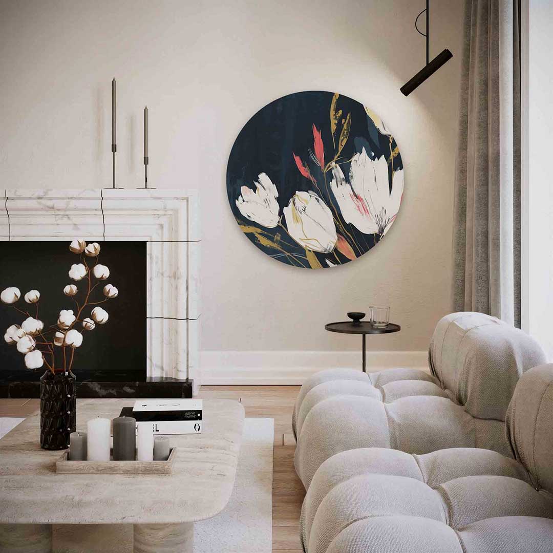 Witte bloemen op donkere achtergrond – abstracte textuur muurcirkel als wanddecoratie