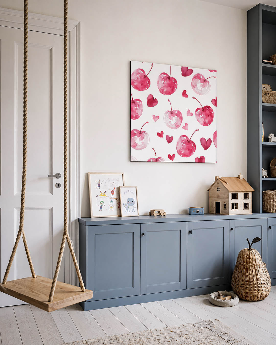 Fruit en hartjes kunstwerk – vierkante wanddecoratie – dit kunstwerk toont een speelse compositie van roze kersen en hartjes