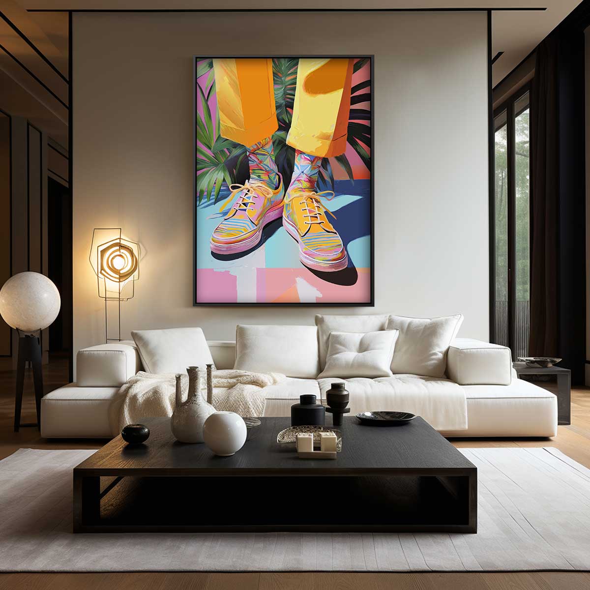 Kleurrijke Sneaker Vibes – kunstwerk met zwarte baklijst
