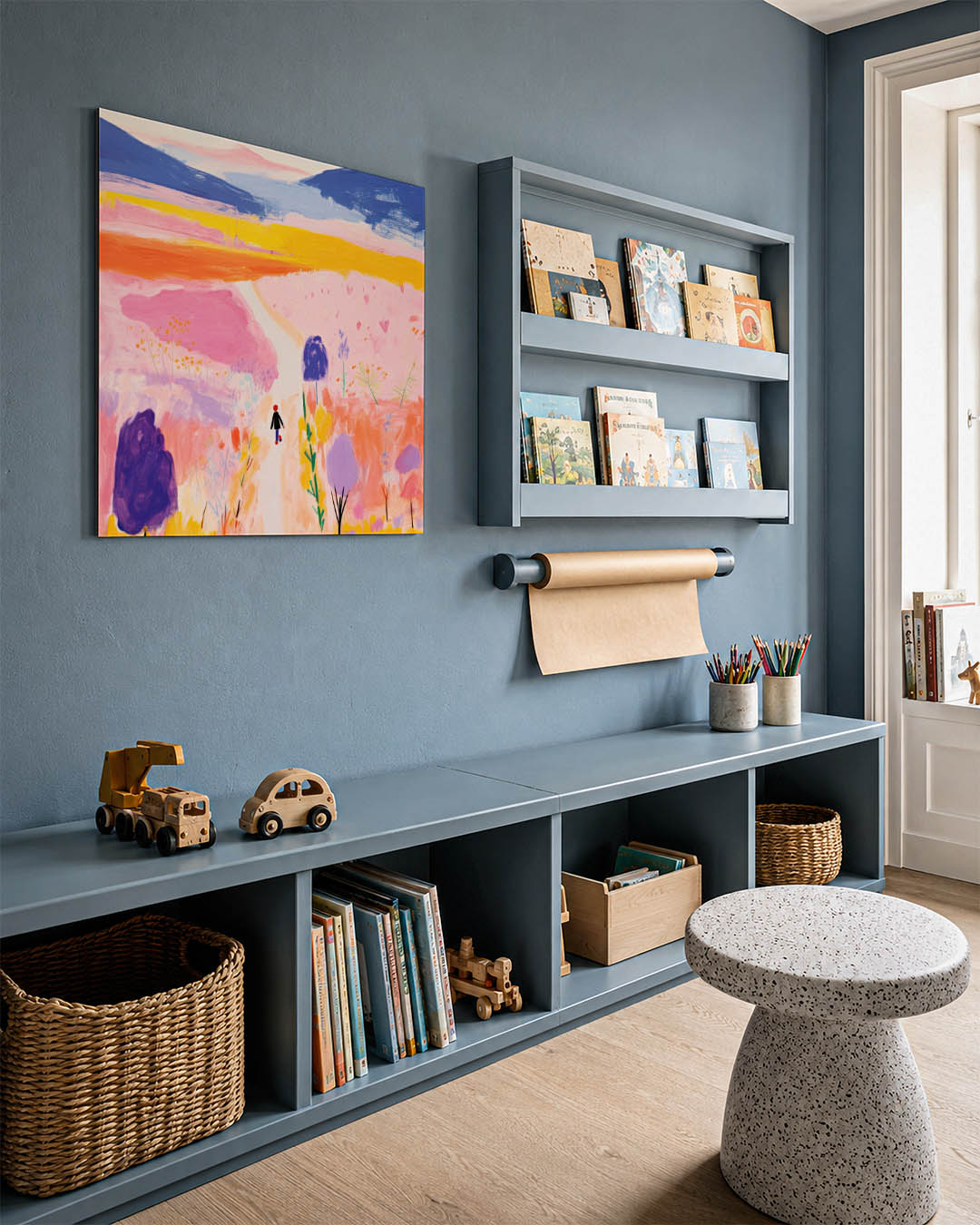 Kleurrijke landschap wandeling kunstwerk – detailweergave – dit kunstwerk toont een levendig landschap met een pad dat door