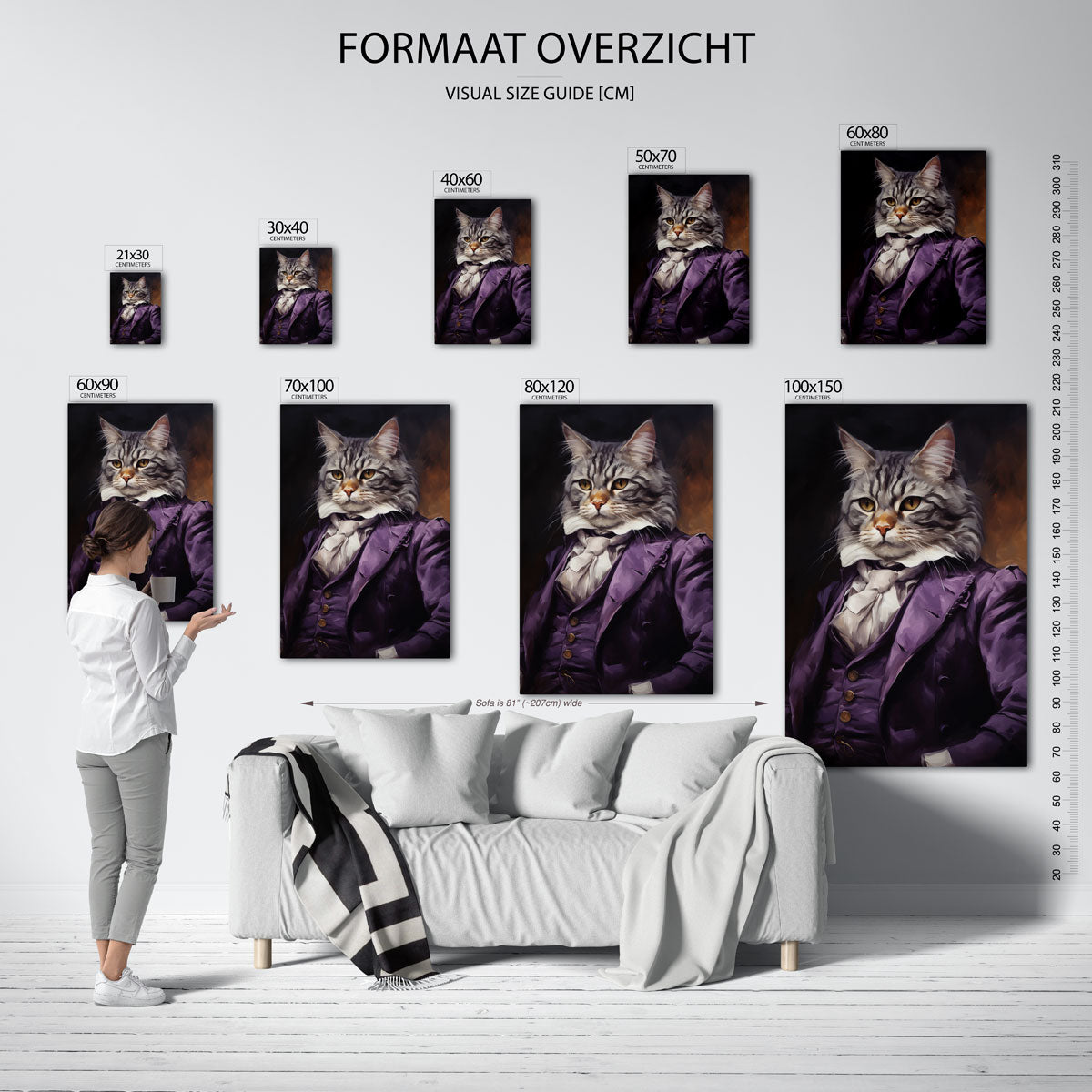 Kat in paars kostuum – staande muurposter voor een modern interieur