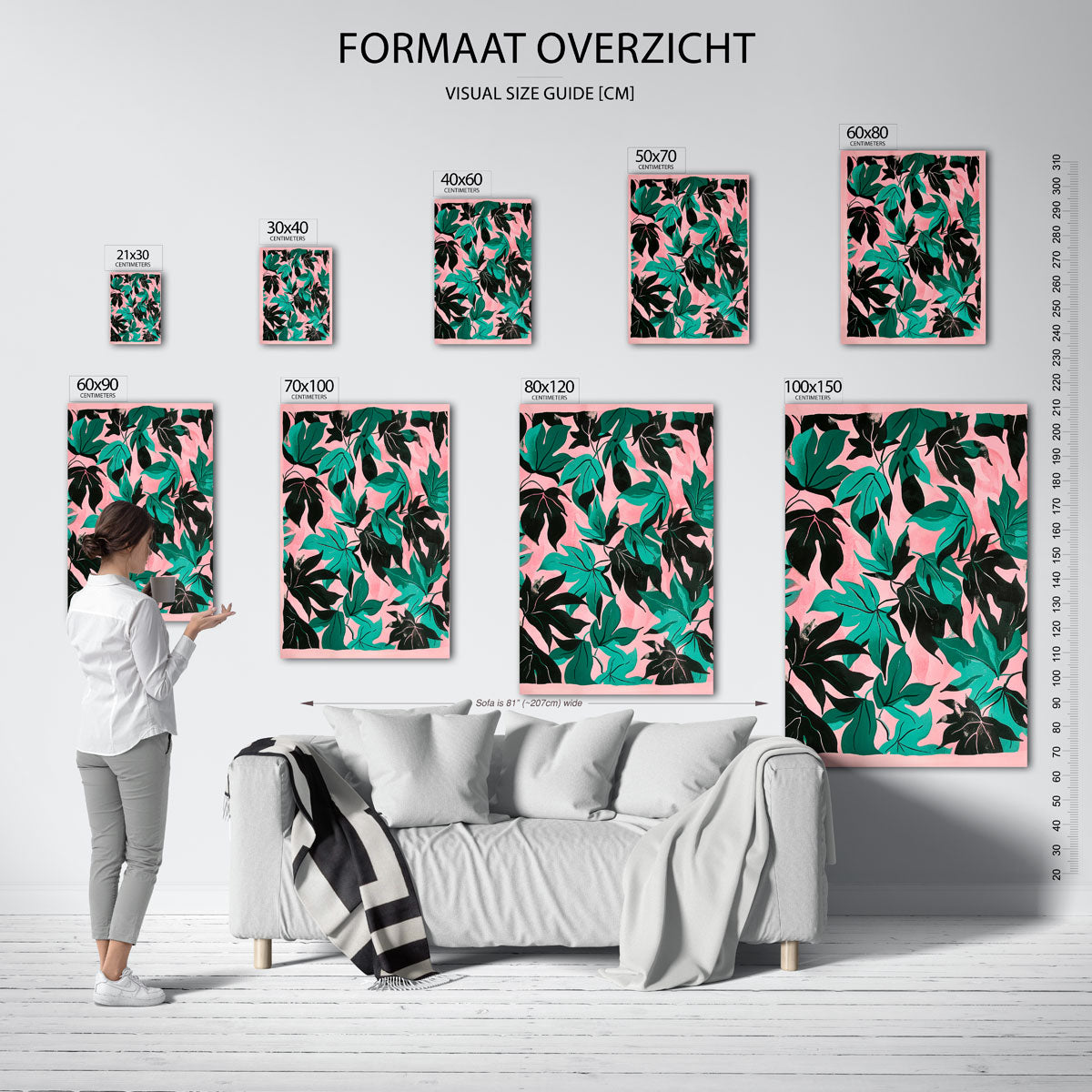 Bladeren op roze achtergrond – staande muurposter met kleurrijke illustratie