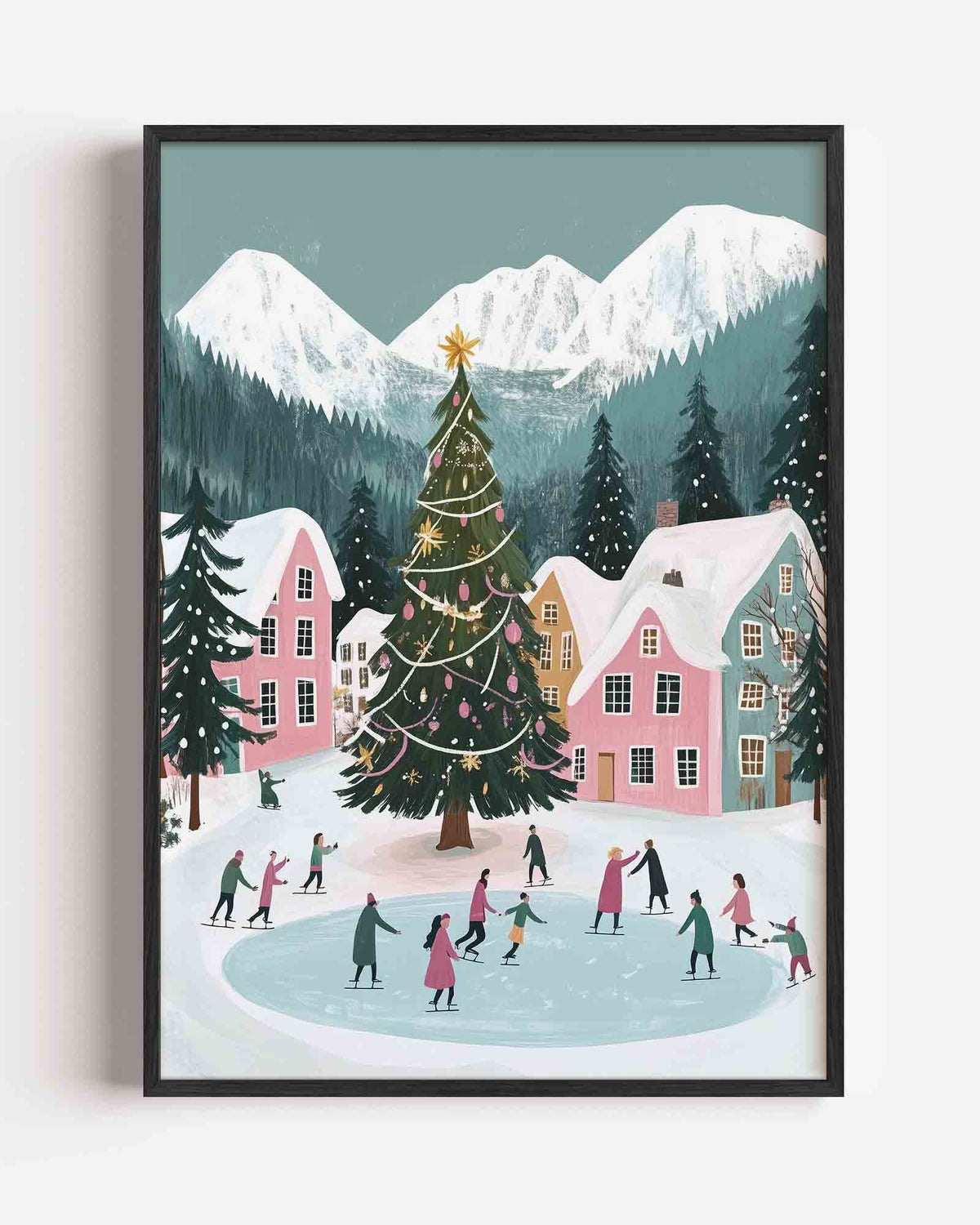 Schaatsende mensen bij kerstboom – kids portret poster als wanddecoratie