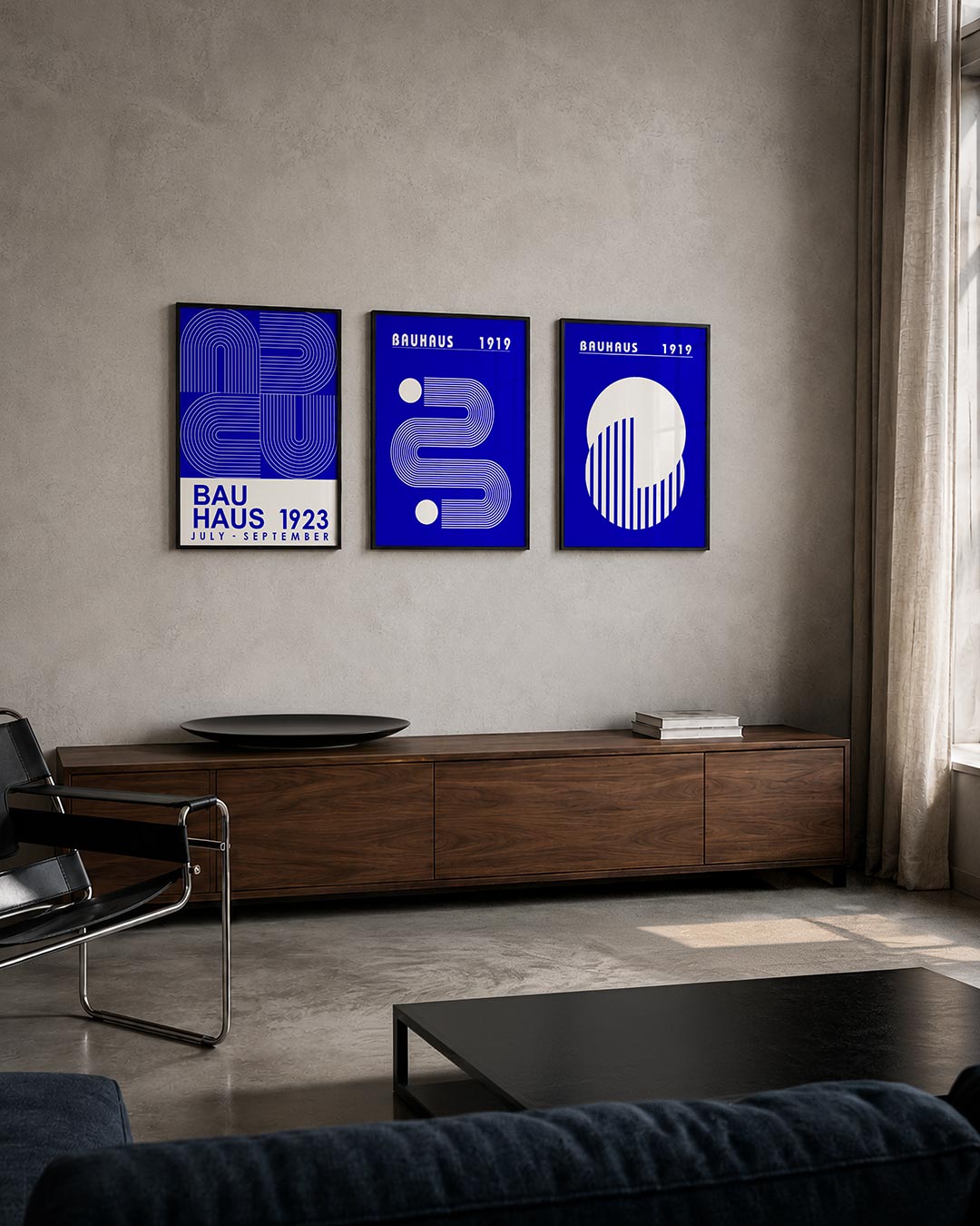 Lijnen en vormen posterset – tweede productweergave – deze posterset in drie delen toont een dynamisch lijnenspel met gebogen
