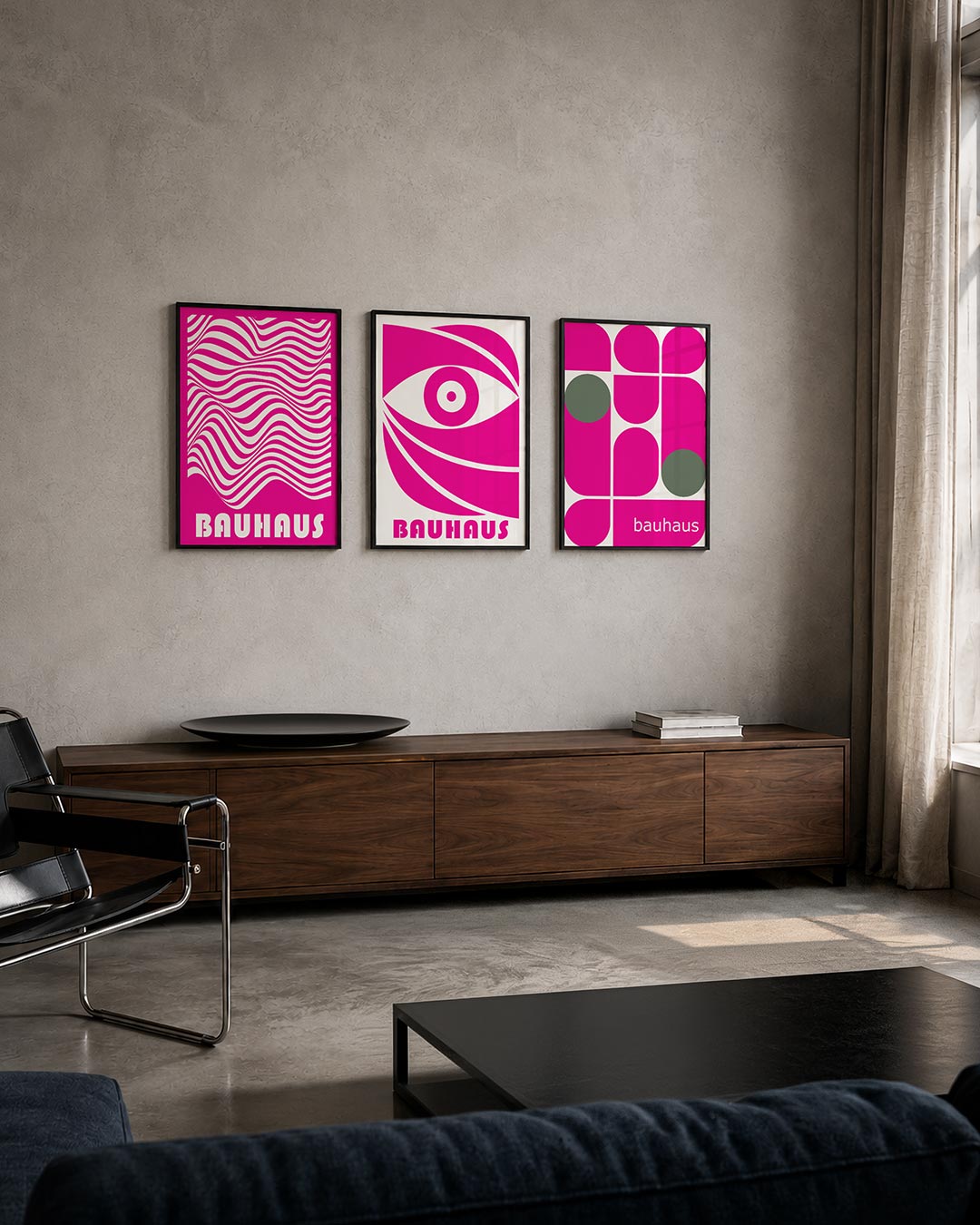 Golvend lijnenspel driedelige posterset – deze posterset in drie delen toont levendige roze en witte golvende lijnen die een