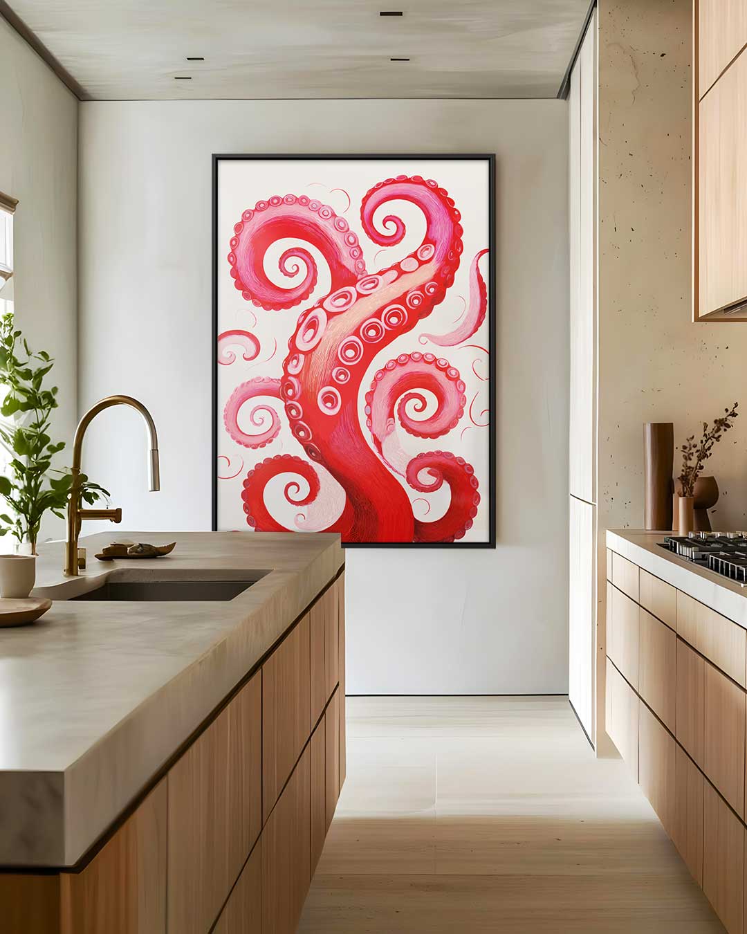 Rode Octopus Tentakel Illusie – modern portret kunstwerk van WallArtistic