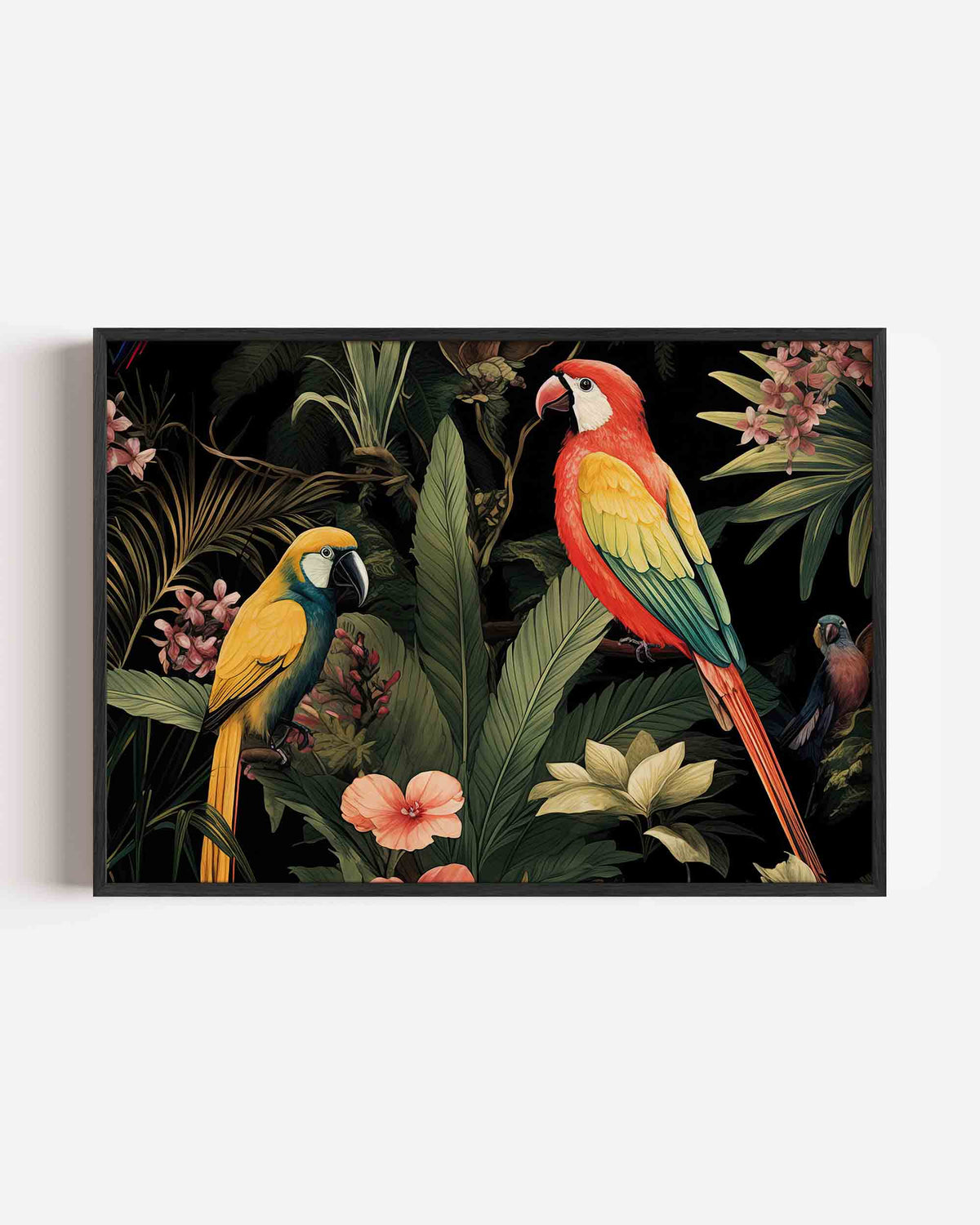 Papegaaien en bladeren – jungle landscape poster als wanddecoratie