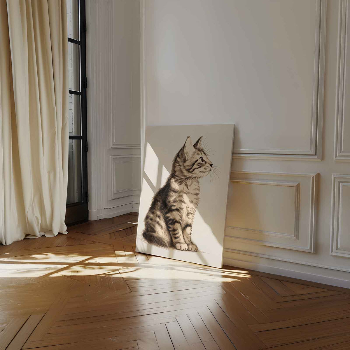 Dromerige Kat in Potlood – staand kunstwerk voor modern interieur