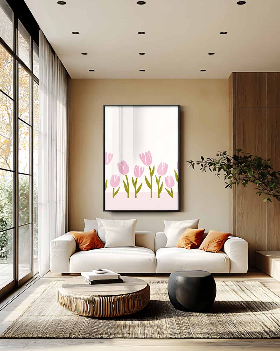 Zacht Roze Tulpenveld – plexiglas wanddecoratie in portret formaat