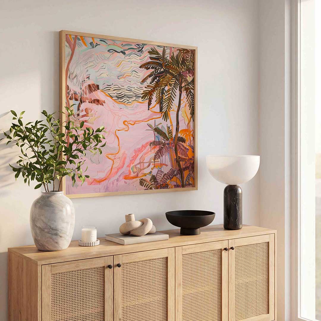 Palmbomen en golvende lijnen – illustratie poster in vierkant formaat