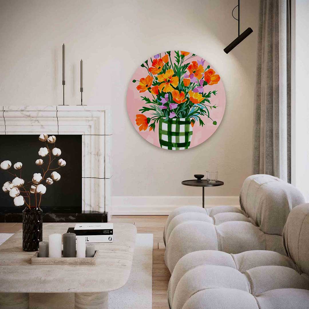 Bloemen in vaas – kleurrijke illustratie muurcirkel als wanddecoratie