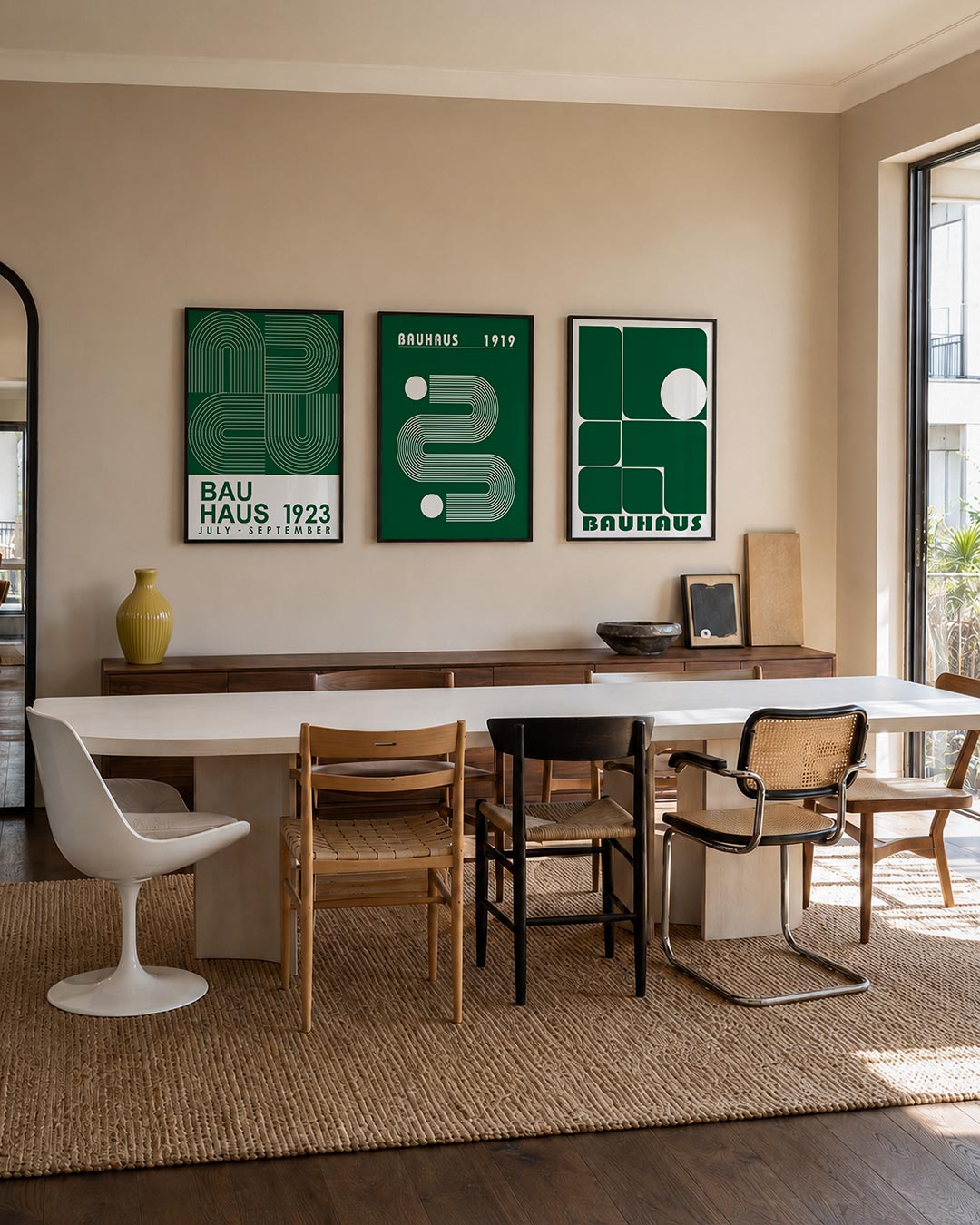 Lijnen en bogen posterset – tweede productweergave – deze posterset in drie delen toont een spel van witte lijnen en bogen op