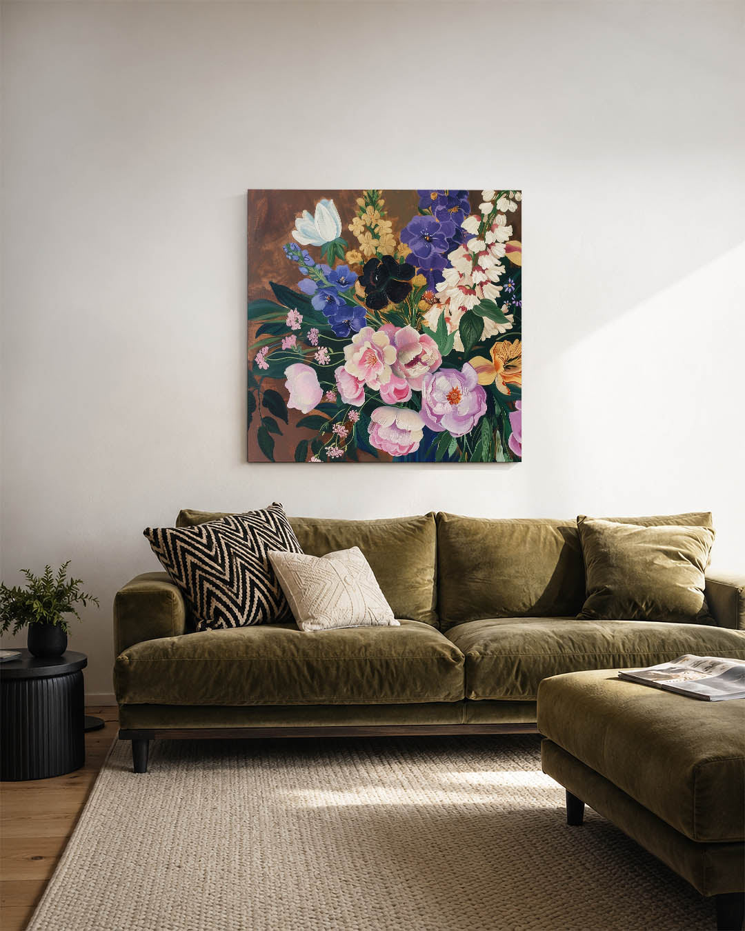 Bloemrijke compositie kunstwerk – sfeerbeeld – dit werk toont een levendige verzameling bloemen in diverse kleuren en vormen.