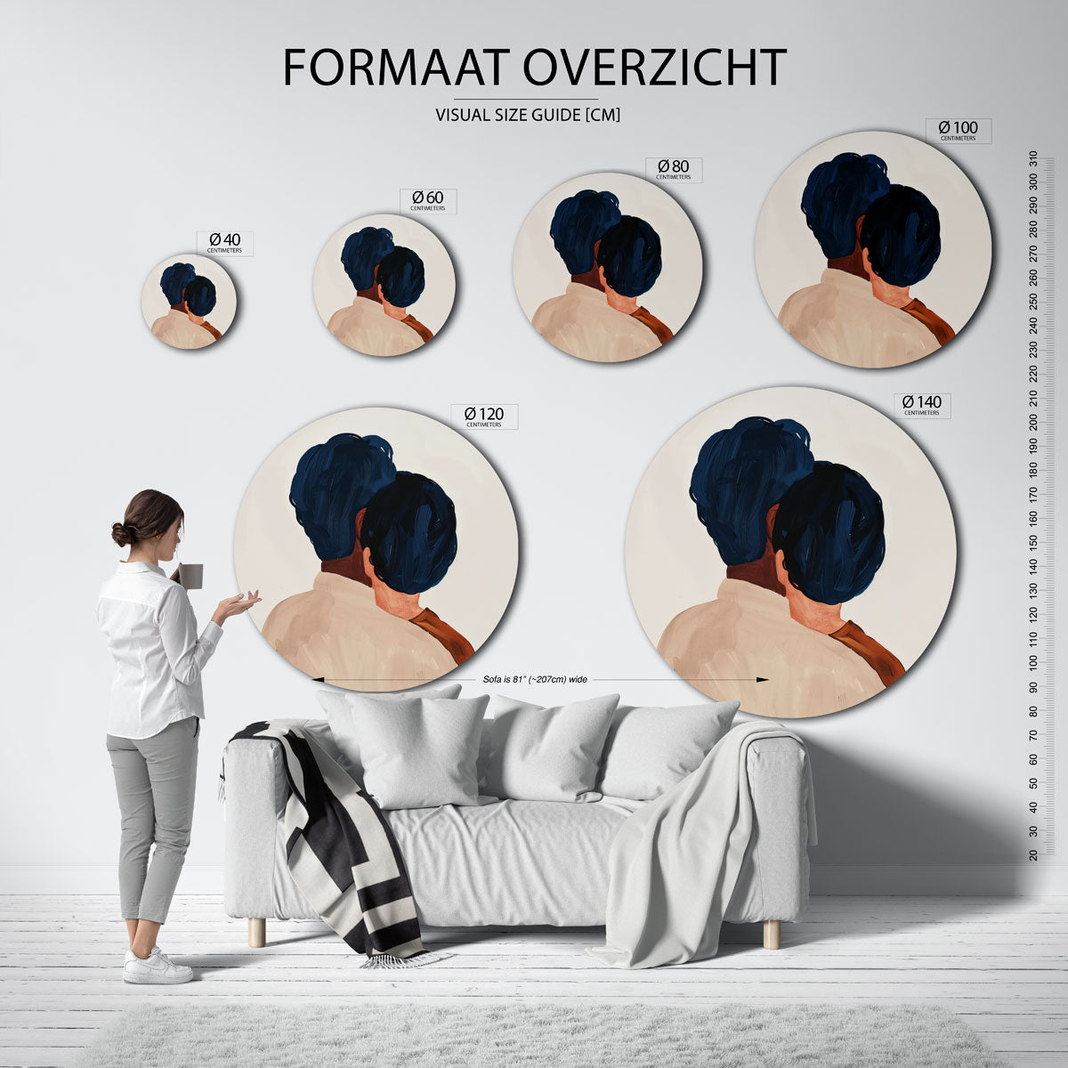 Twee figuren met blauwe kapsels – ronde muurdecoratie met kleur en vorm
