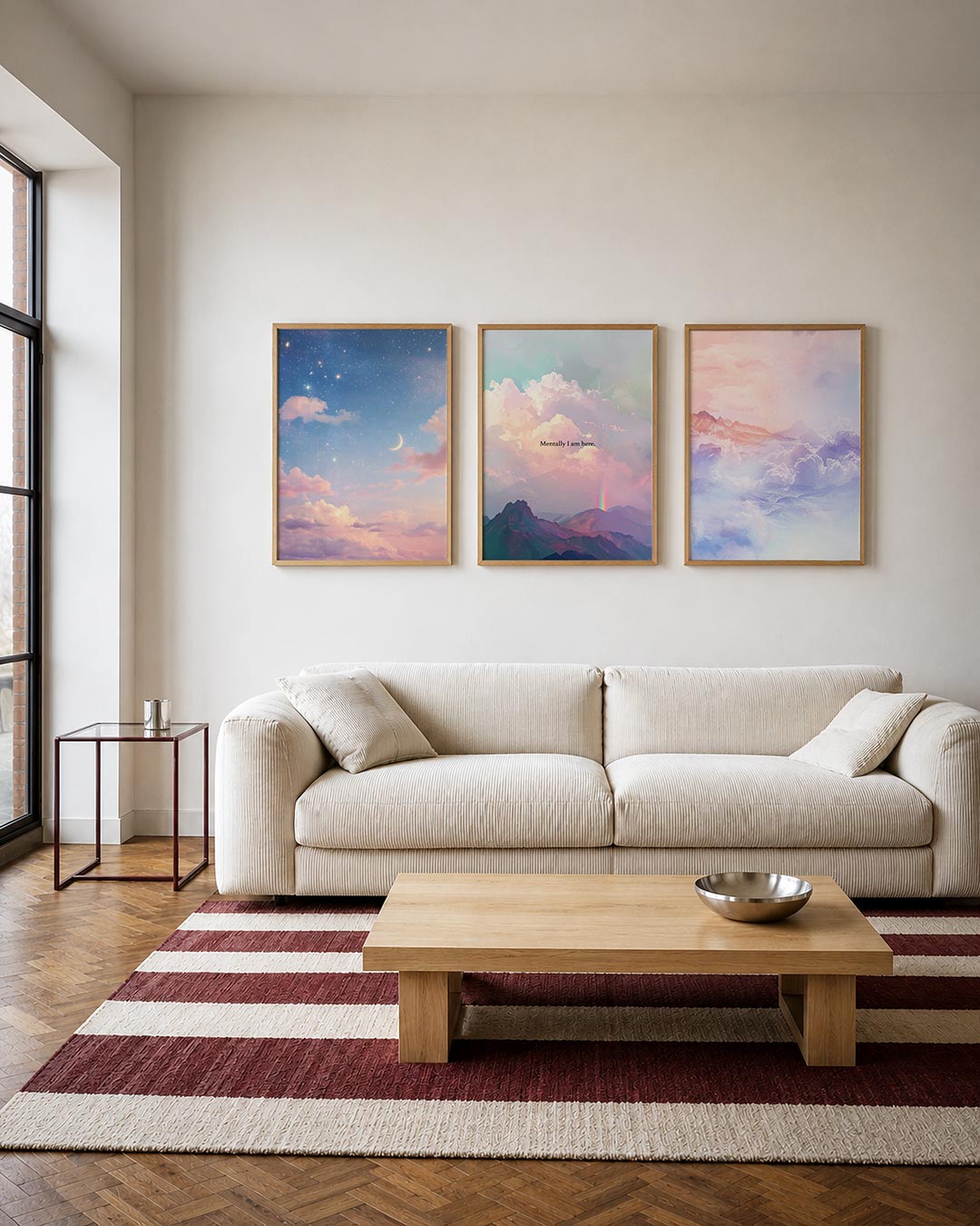 Hemelse kleurenpracht driedelige posterset – een serene lucht met een zachte overgang van blauw naar
