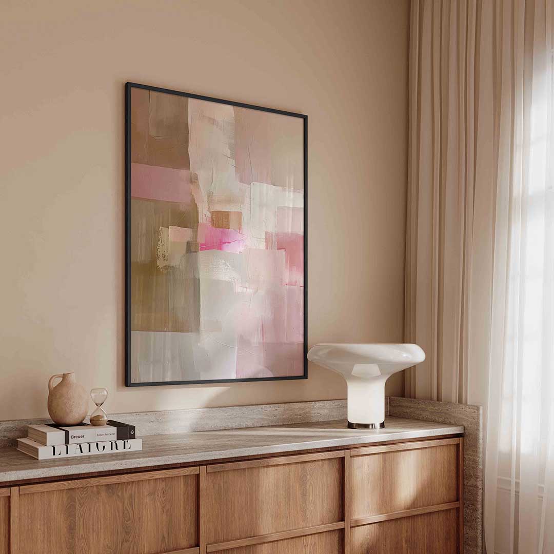 Abstracte roze en beige – kleurrijke poster met vormen in staand formaat