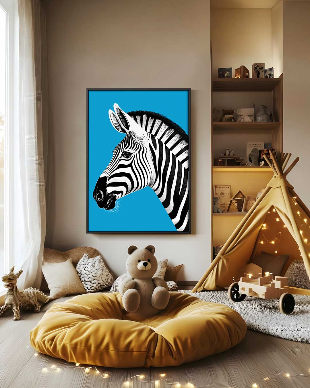 Zebra in het Blauw – canvas wanddecoratie in portret formaat