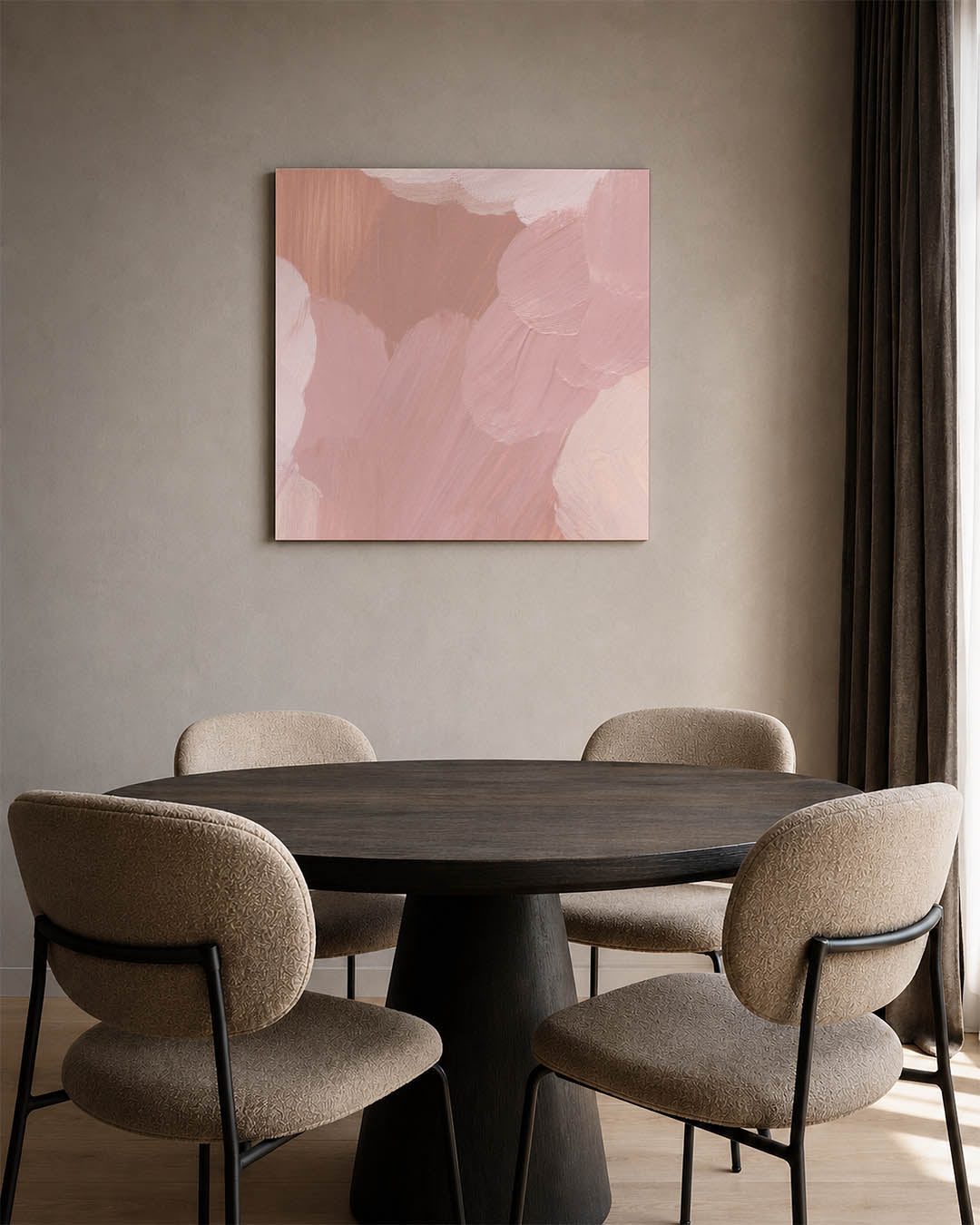 Zachte kleurencompositie kunstwerk – derde productweergave – dit werk toont een harmonie van zachte penseelstreken in roze en