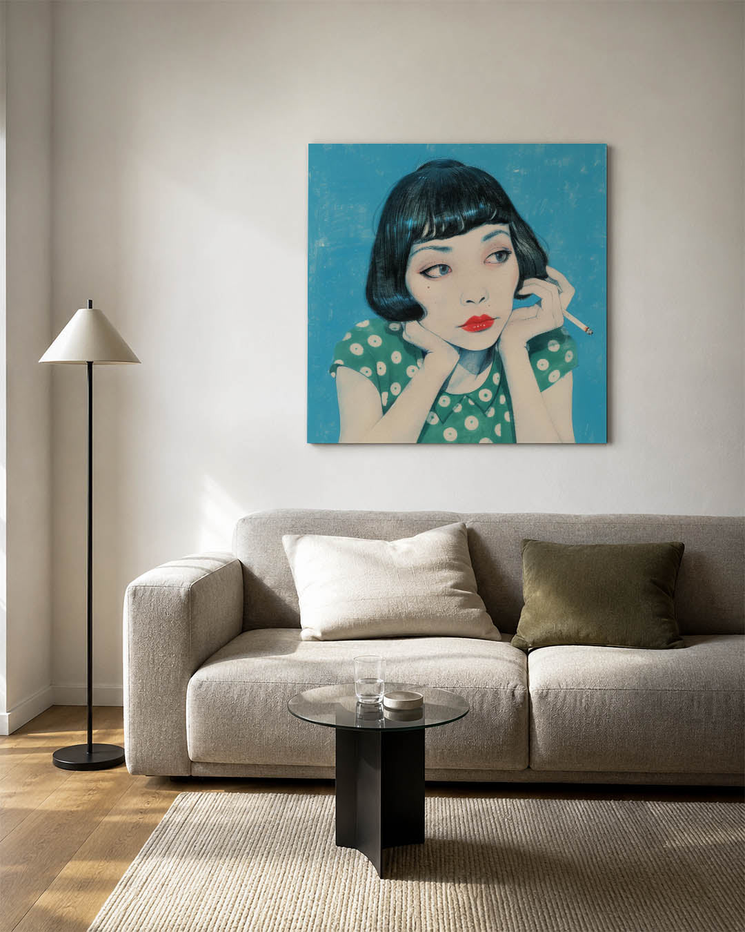 Dromerige blik kunstwerk – vierkante wanddecoratie – dit kunstwerk toont een vrouw met een dromerige blik tegen een blauwe