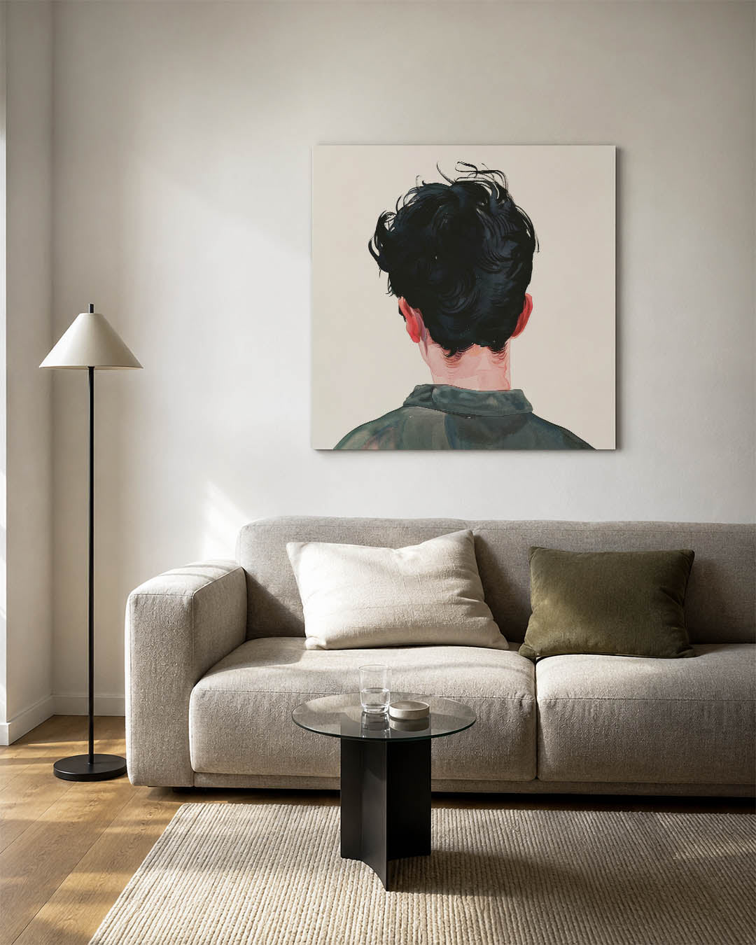 Achterkant portret kunstwerk – vierkante wanddecoratie – dit werk toont de achterkant van een persoon met donker haar en een