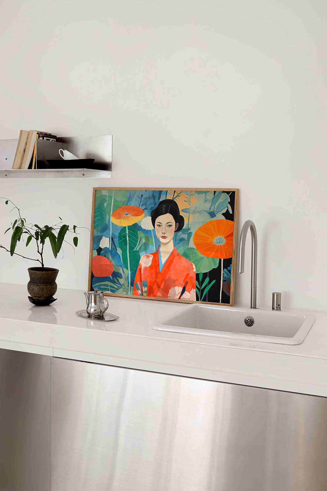 Vrouw in kimono met bloemen – keukenposter in liggend formaat