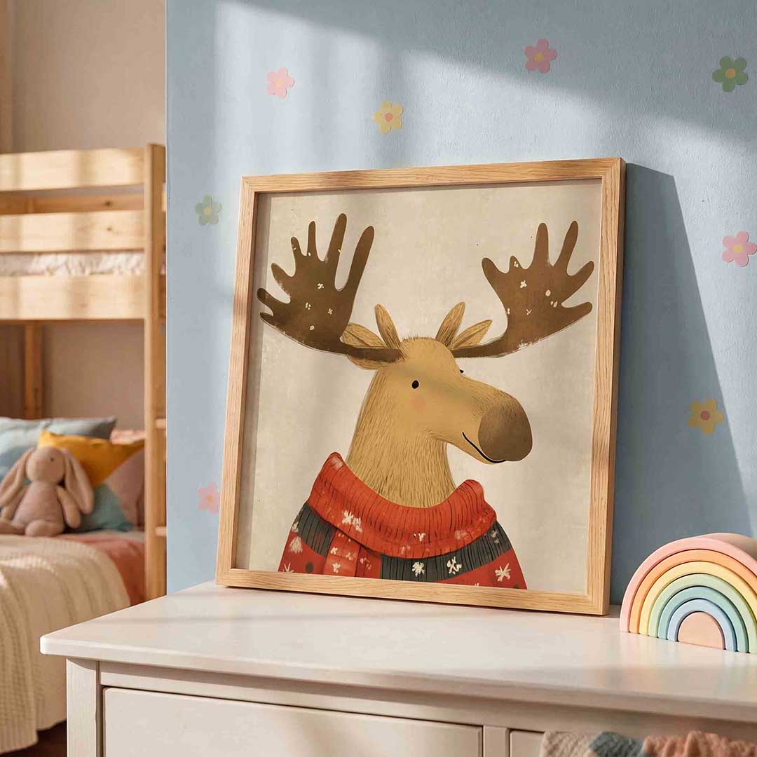 Rendier met trui – speelse wandkunst als vierkante kinderposter