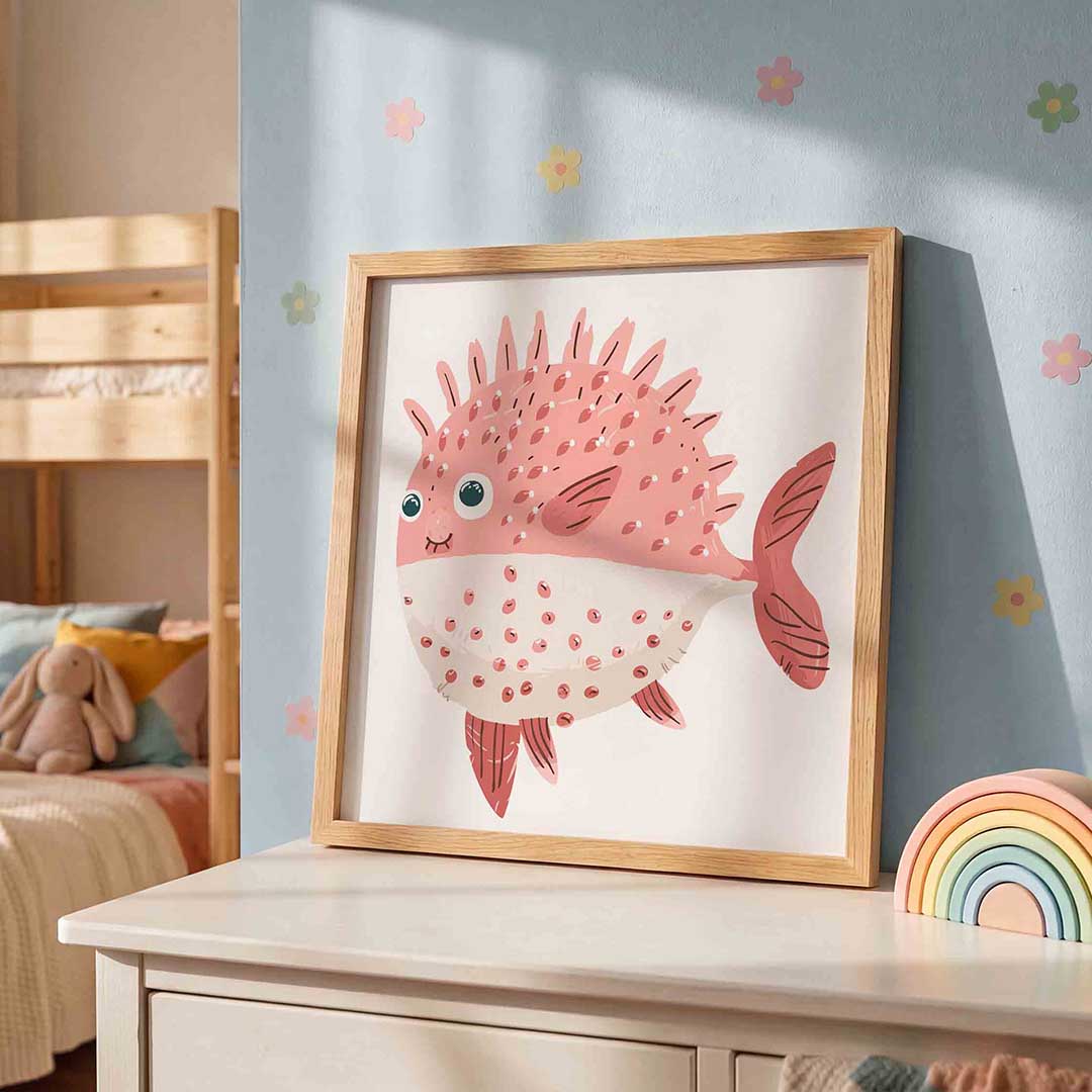 Opgeblazen vis – speelse wandkunst als vierkante kinderposter
