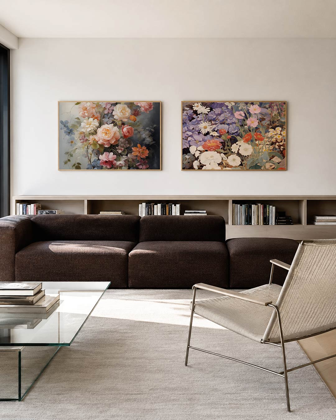 Tweedelige posterset met een weelderige verzameling bloemen in zachte pasteltinten, getoond in een interieur