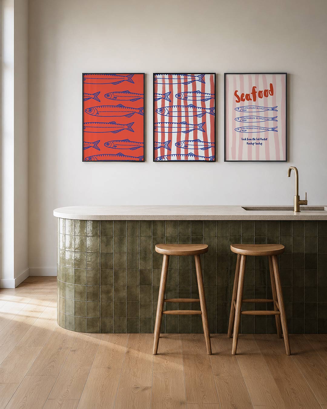 Vissenpatroon posterset – tweede productweergave – deze posterset in drie delen toont een levendig patroon van
