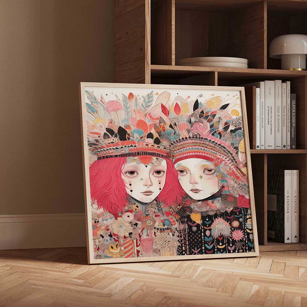 Twee figuren met kleurrijke hoofdtooien – moderne wandkunst met kleur en vormen als poster