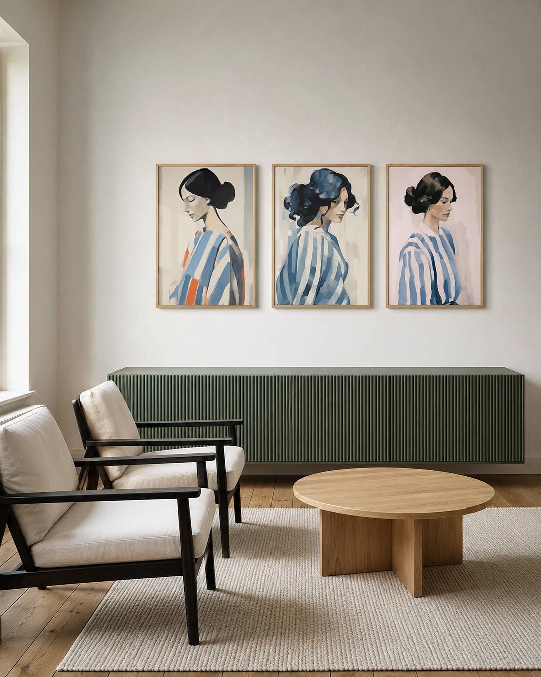 Vorm en kleur posterset – derde productweergave – een figuur met een zachte blik, omgeven door vloeiende lijnen en