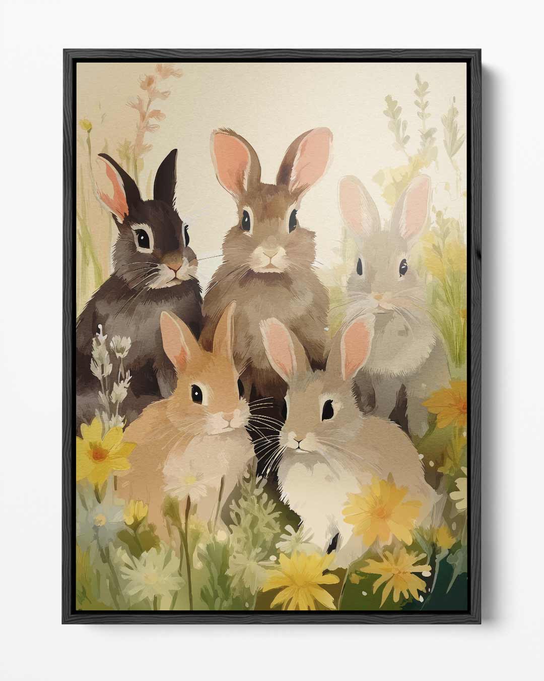 Konijnen in Bloemenveld – portret kunstwerk als wanddecoratie