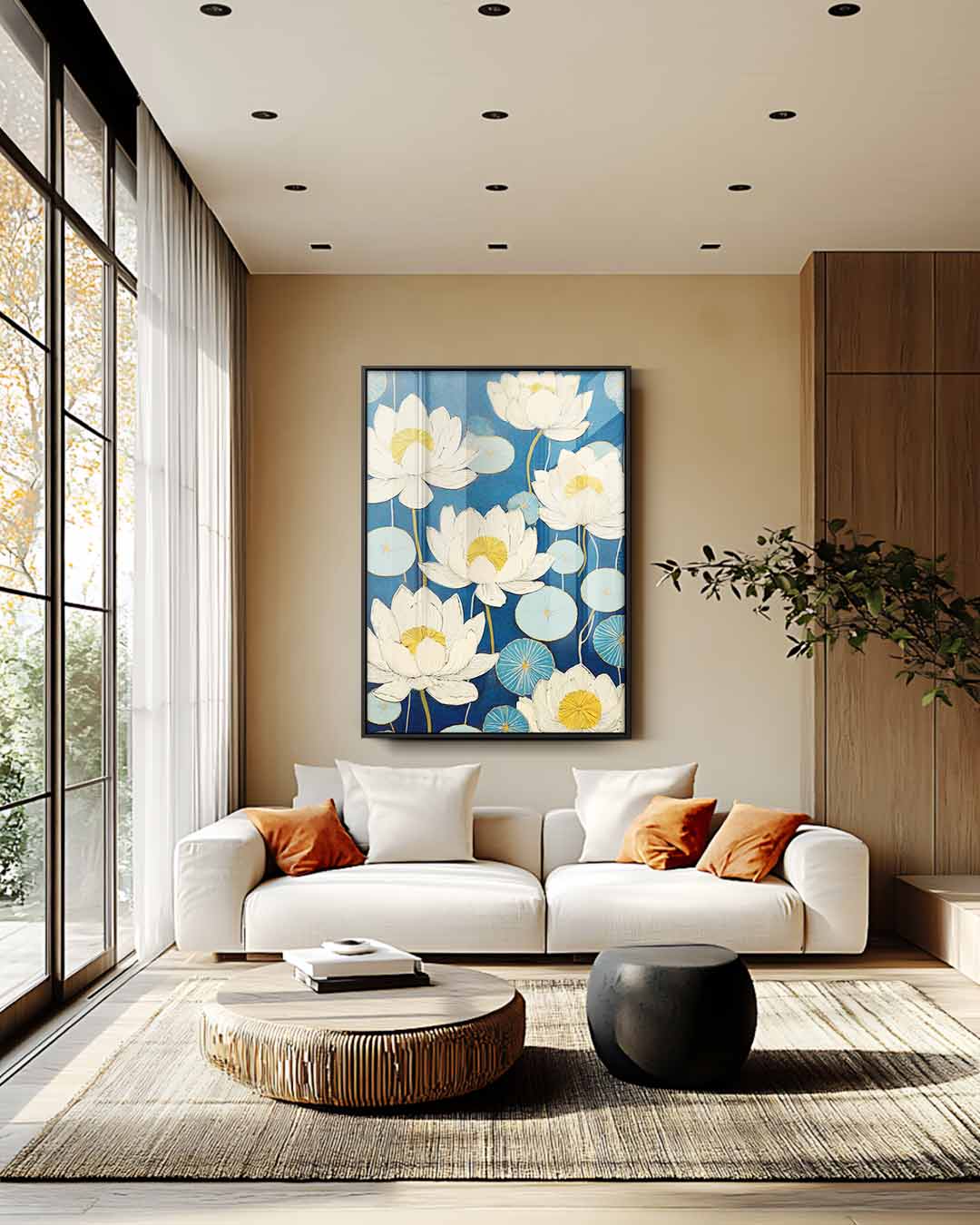 Blauwe Lotus Dromen – kunstwerk met zwarte baklijst