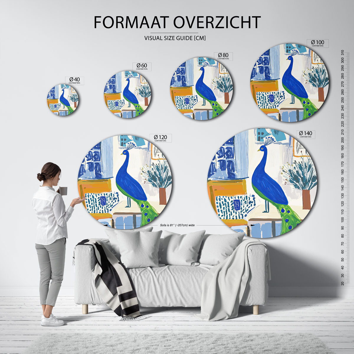 Pauw met blauwe veren – ronde muurcirkel met kleurrijke illustratie