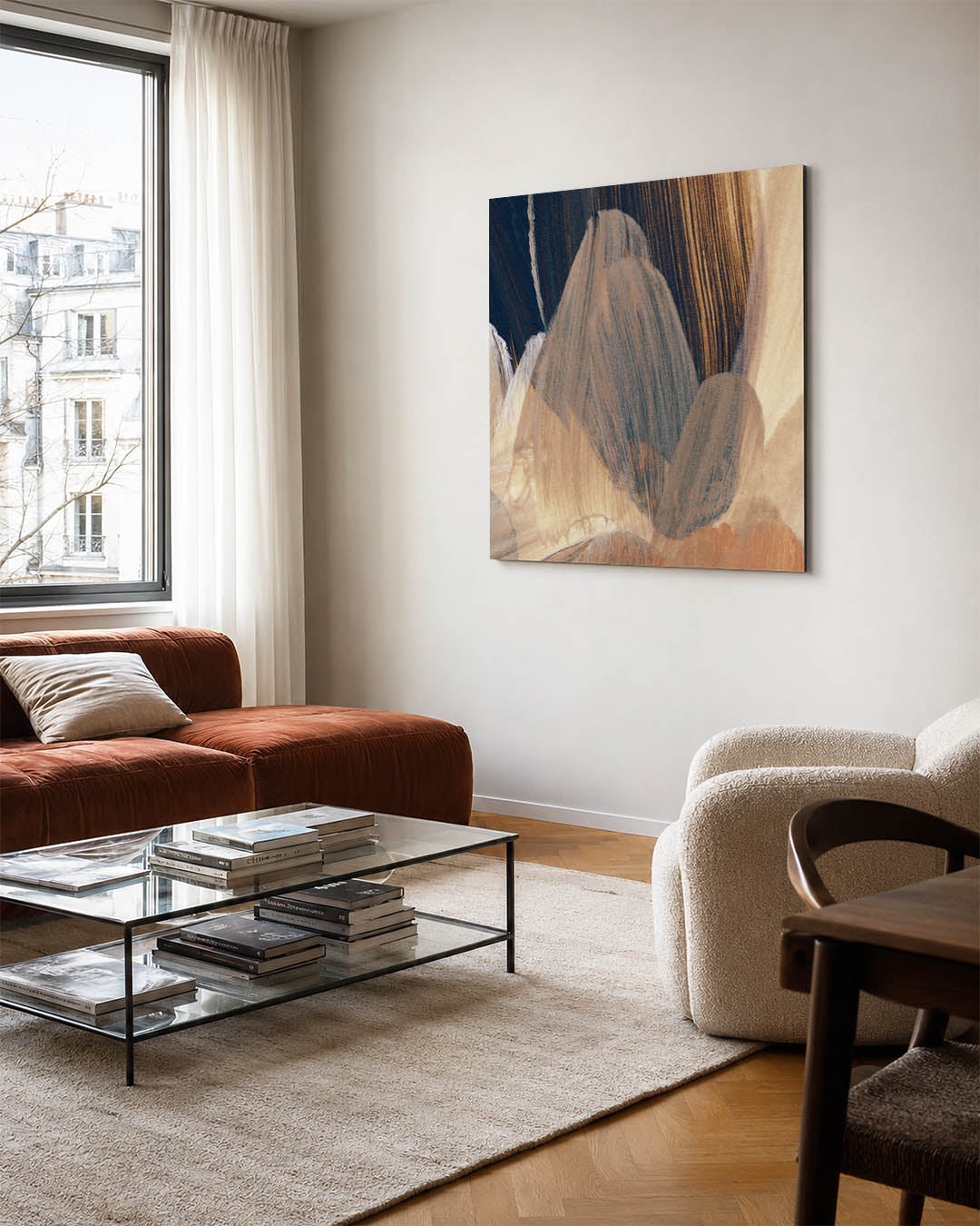 Penseelstreken kunstwerk – vierkante wanddecoratie – dit werk toont vloeiende penseelstreken in een harmonie van blauw, beige
