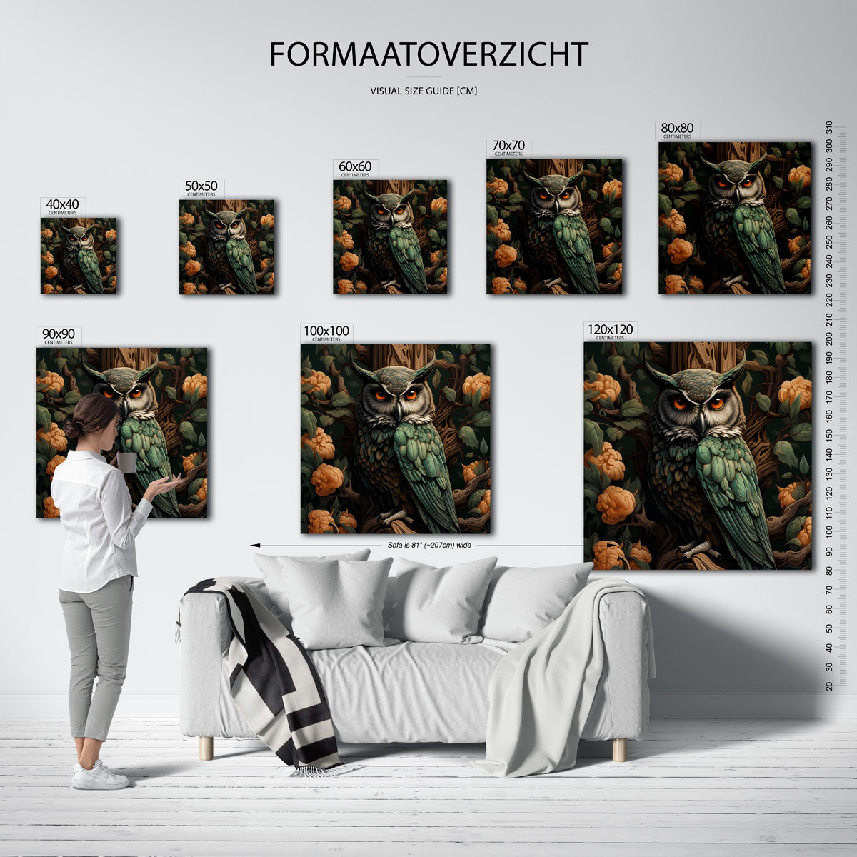 Uil en bloemen – vierkante muurposter in William Morris stijl