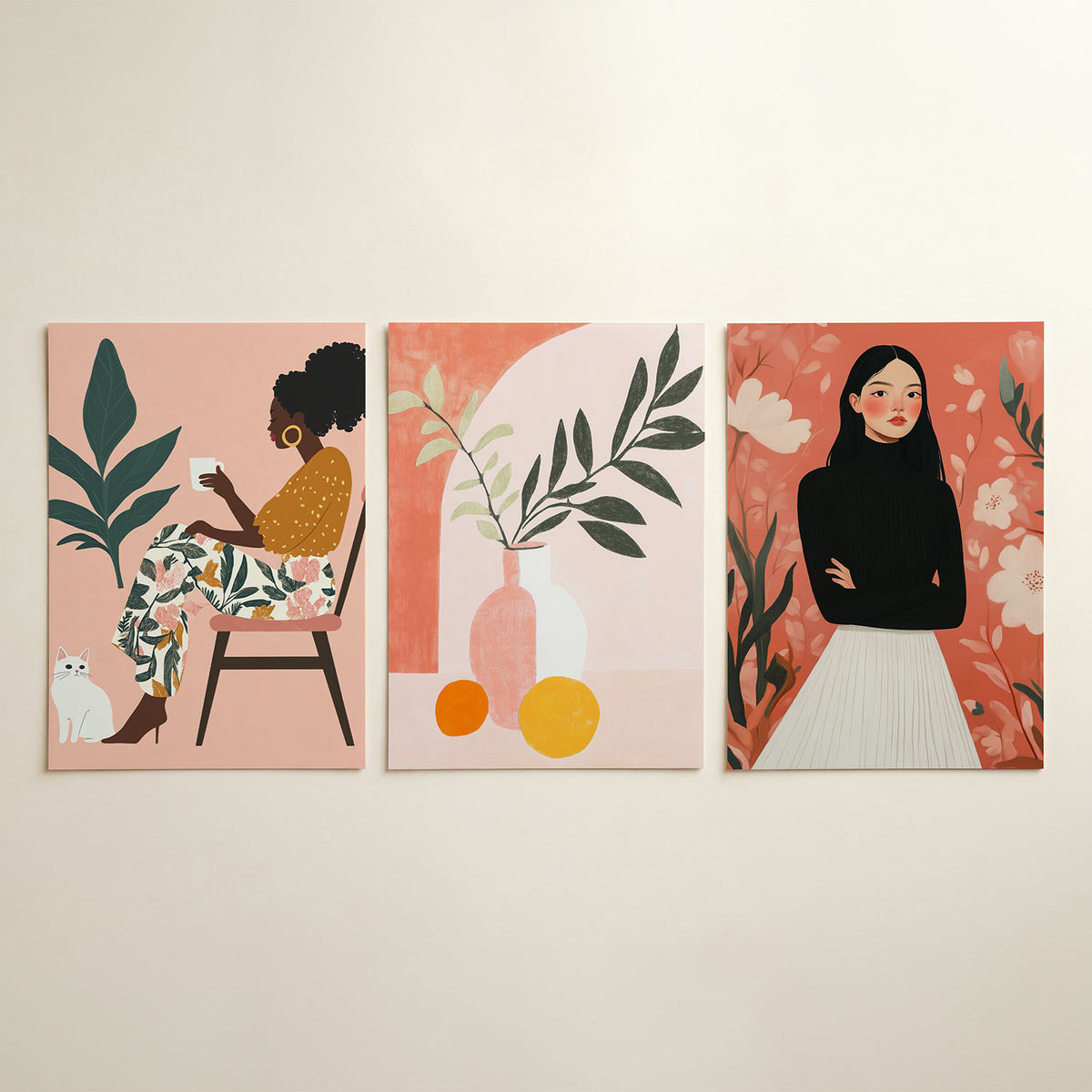 Kleurrijke rust driedelige posterset in interieur