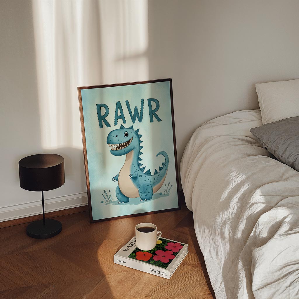 Schattige Dino "Rawr" – kinderposter in staand formaat