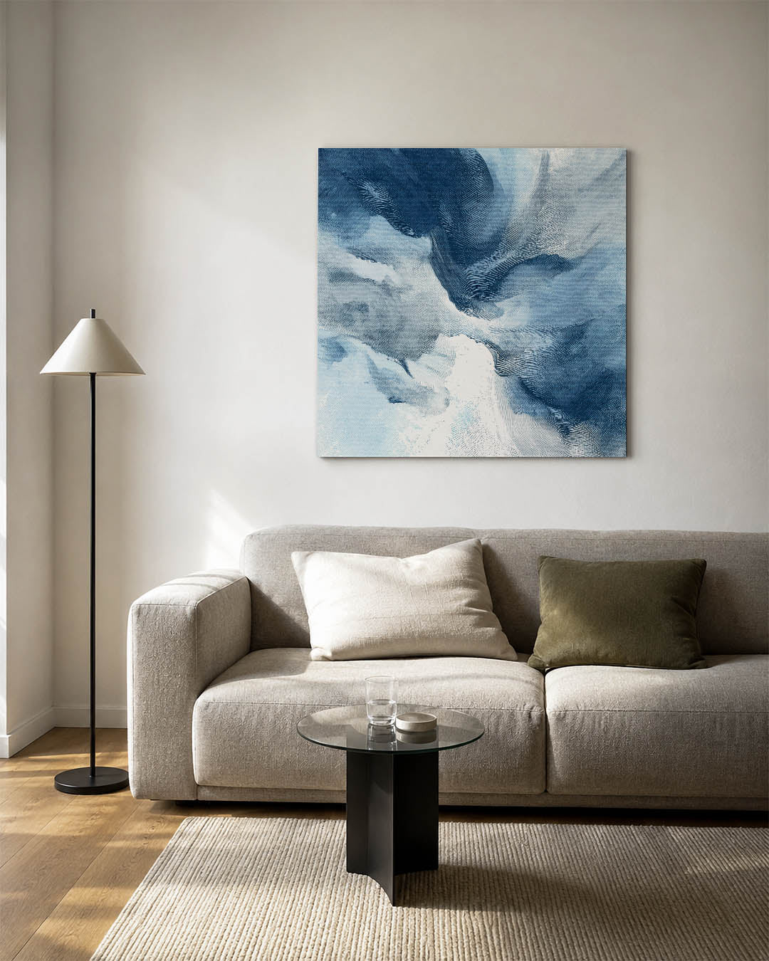 Golvende blauwe vormen kunstwerk – vierkante wanddecoratie – dit werk toont vloeiende lijnen en golvende vormen in