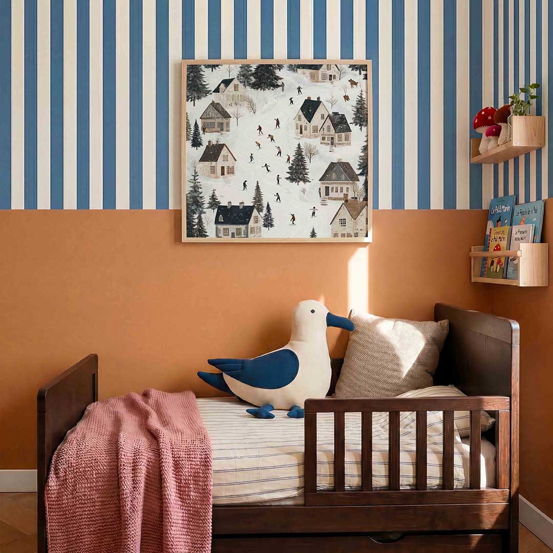 Winterdorp met schaatsers – kids poster in vierkant formaat