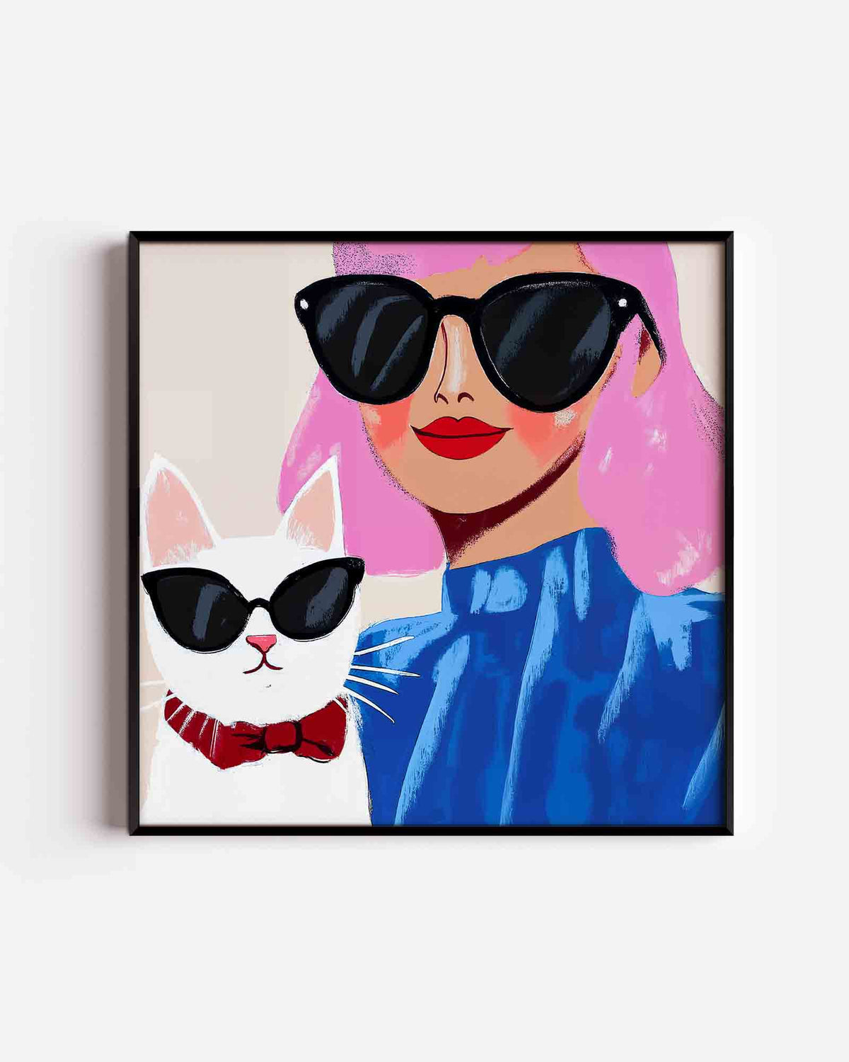 Vrouw en kat met zonnebrillen – Pop Art vierkante poster als wanddecoratie