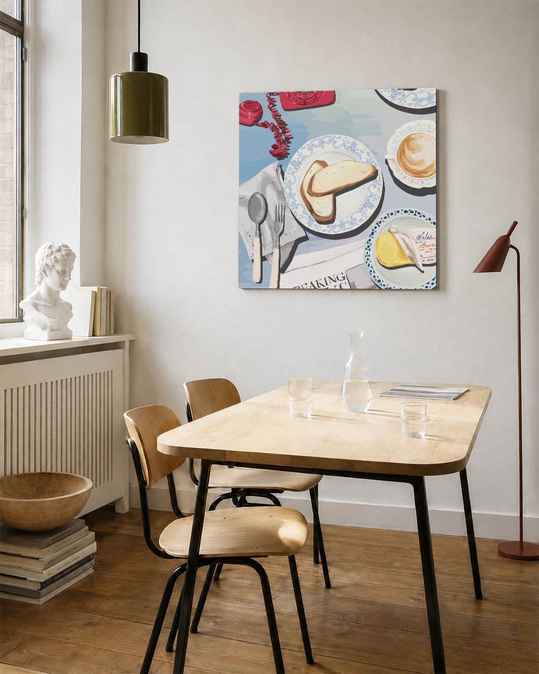 Ontbijt tafereel kunstwerk – detailweergave – dit werk toont een tafel met brood, boter en een kop koffie. Heldere kleuren en