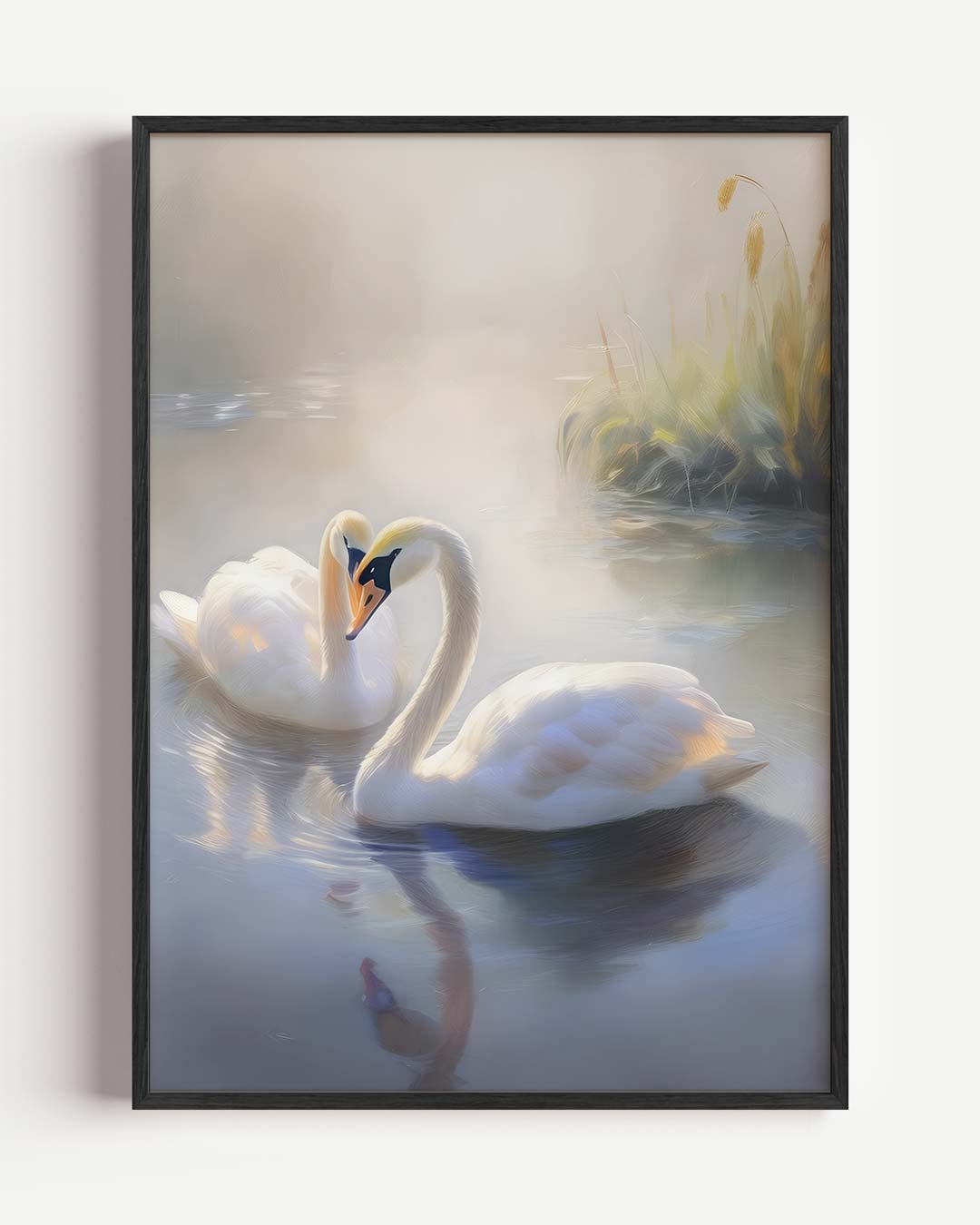 Romantische Zwanen in de Ochtendmist – dieren portret poster als wanddecoratie