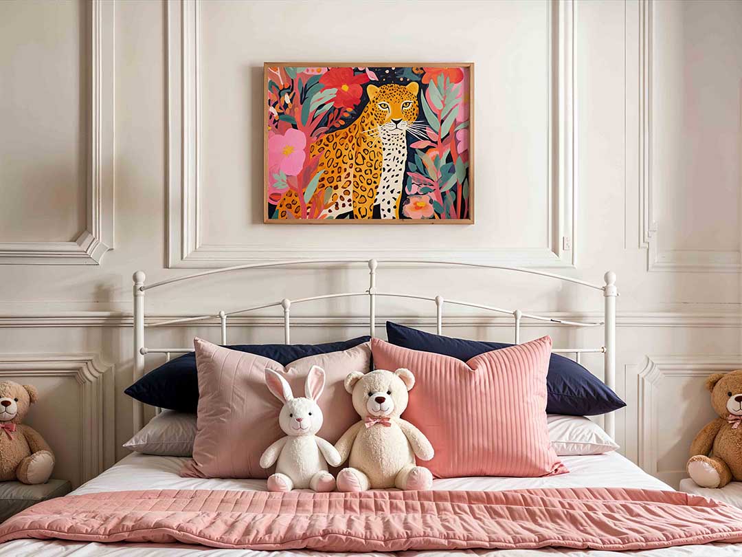Luipaard tussen bloemen – kids poster in liggend formaat