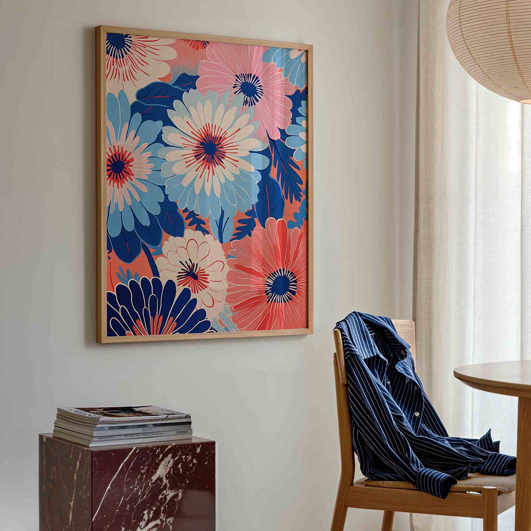 Bloemen in blauw en roze – bloemen poster in staand formaat