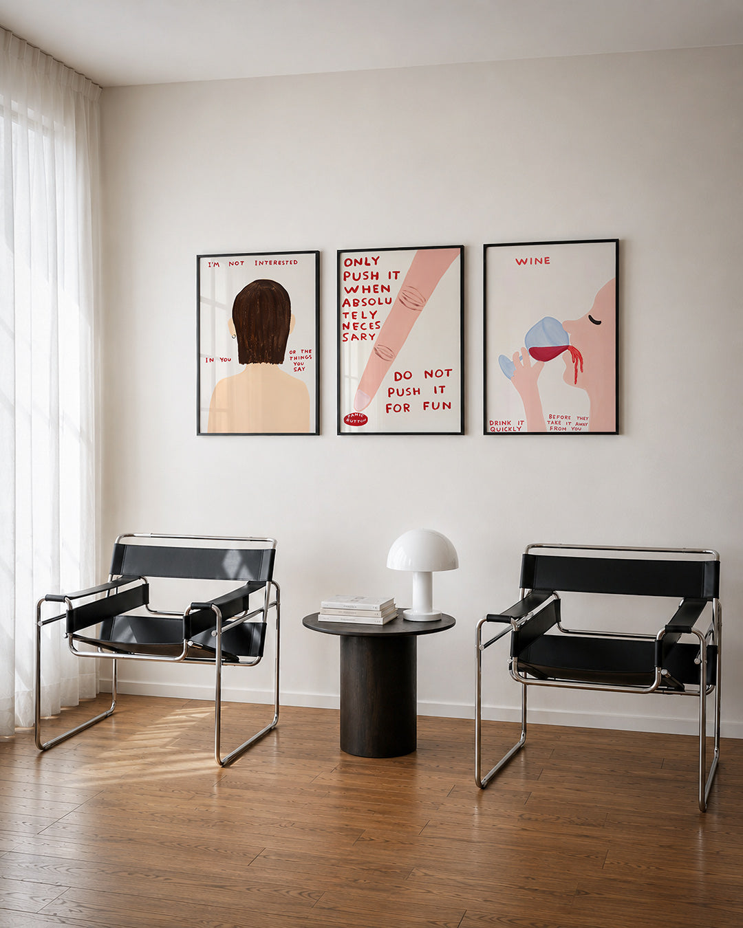 Kleur en tekst driedelige posterset – een rugaanzicht van een persoon met bruin haar tegen een
