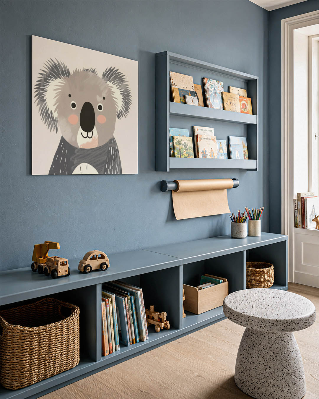 Koala illustratie kunstwerk – detailweergave – dit kunstwerk toont een schattige koala met eenvoudige vormen en zachte