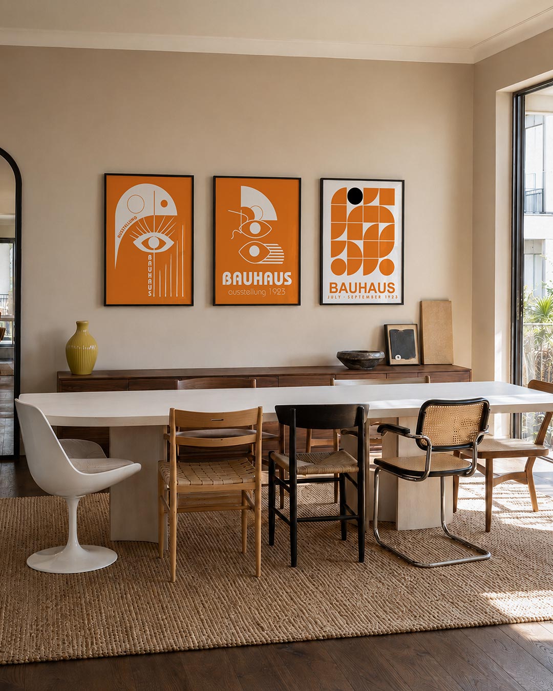 Oog en lijnen posterset – tweede productweergave – een oranje achtergrond met een wit oog centraal. Rechte lijnen en cirkels