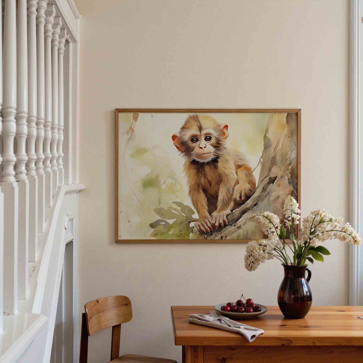 Jonge aap op boom – tropische poster in liggend formaat